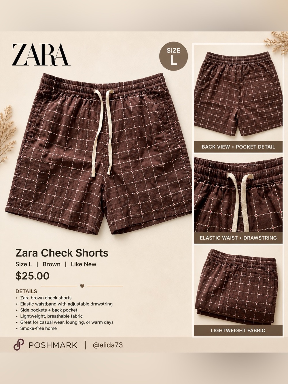 Zara Brown Checked Drawstring Shorts with White Grid